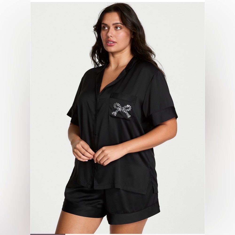 💎 New Victoria's Secret Black Satin Short Pajama Set Bling Crystal Bow Small NWT